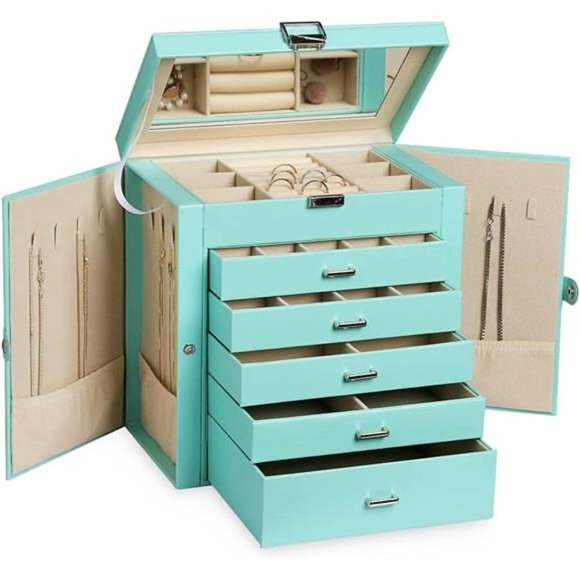 Large Jewelry Box6-Tier PU Leather Jewelry Organizer with LockMulti-functional